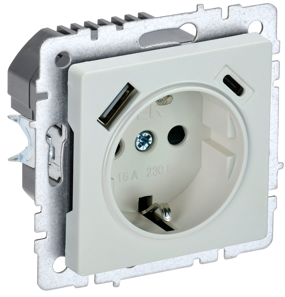 IEK BRITE BASE Жемчуг Розетка с з/к/ш 16А с USB A+C 18Вт РЮш11-1-БрЖ