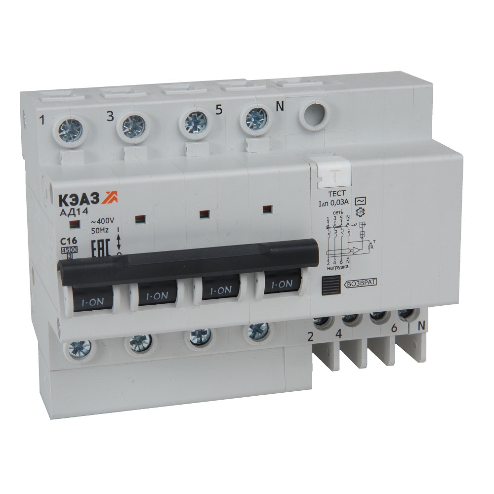 КЭАЗ АВДТ с защитой от сверхтоков АД14-42C16-АC-УХЛ4 (4P, C16, 30mA) 4,5кА