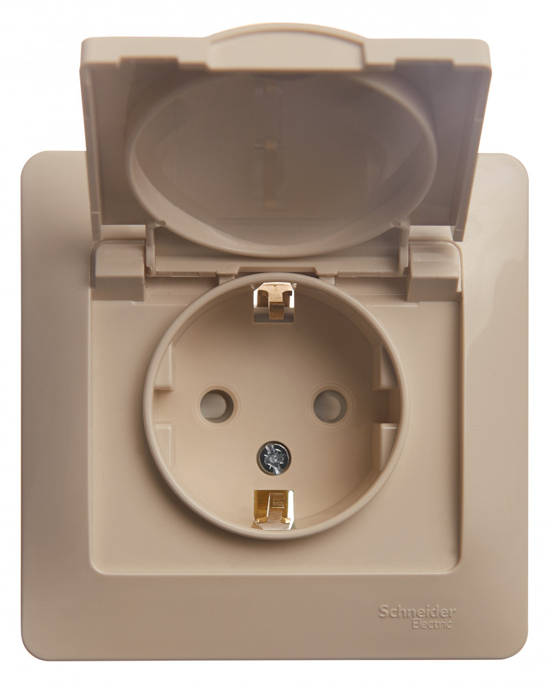 Systeme Electric Glossa Беж Розетка с/з со шторками с крышкой, IP20 (в сборе с рамкой)