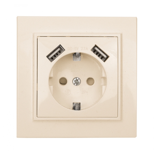 EKF Basic Минск Бежевый Розетка с/з, со шторками, 16А, с 2 USB 2,1А, СП
