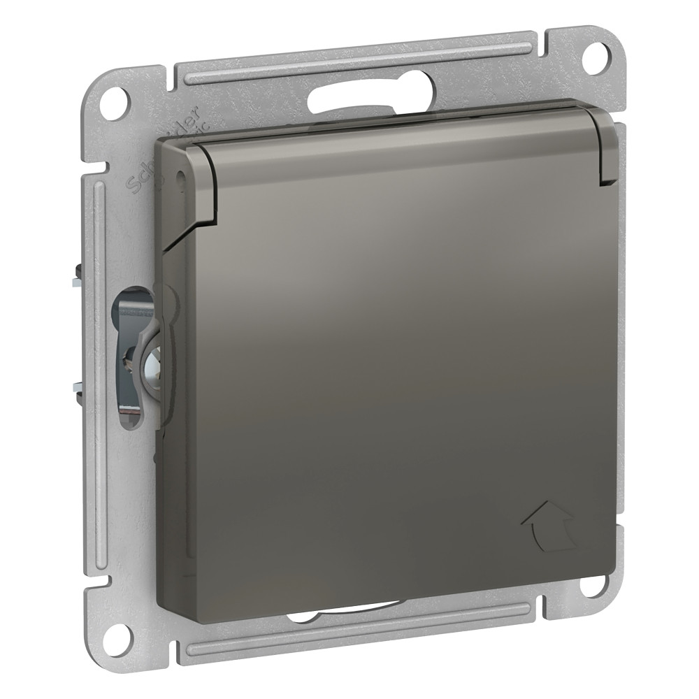 Systeme Electric AtlasDesign Сталь Розетка с/з, со шторками, с крышкой, 16А, в сборе