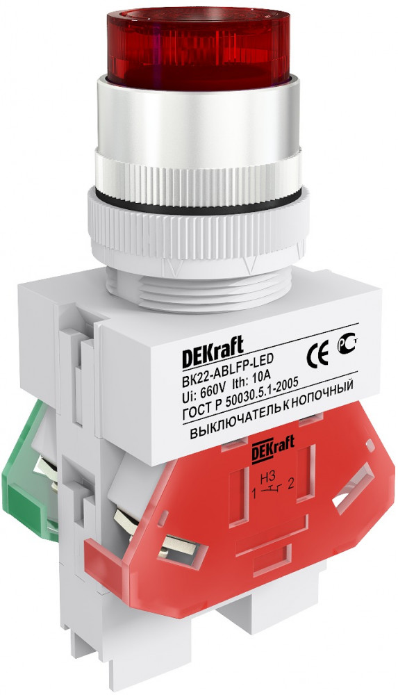 Dekraft Выключатель кноп. ABLFP D22 красный LED 220В ВK-22