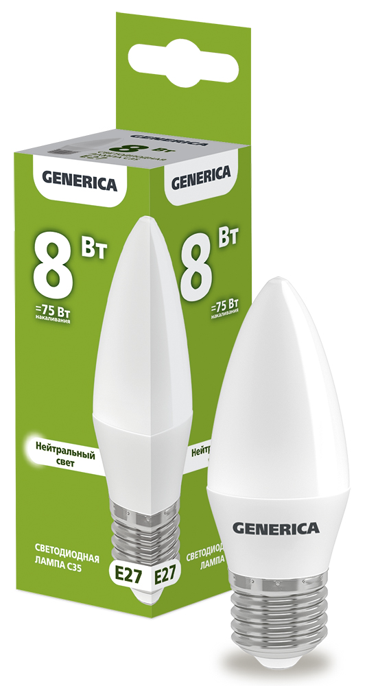IEK GENERICA Лампа LED C35 свеча 8Вт 230В 4000К E27