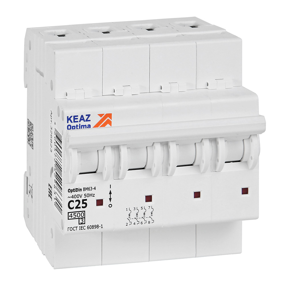КЭАЗ OptiDin BM63 Автоматический выключатель 4P 25А C 4,5кА AC (BM63-4C25-4,5-УХЛ3)