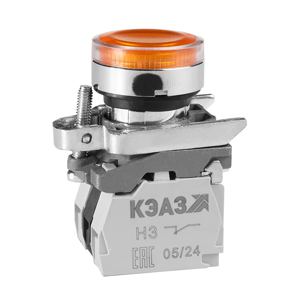 КЭАЗ Кнопка КМЕ4511мЛС-24В-желтый-1но+1нз-цилиндр-индикатор-IP54
