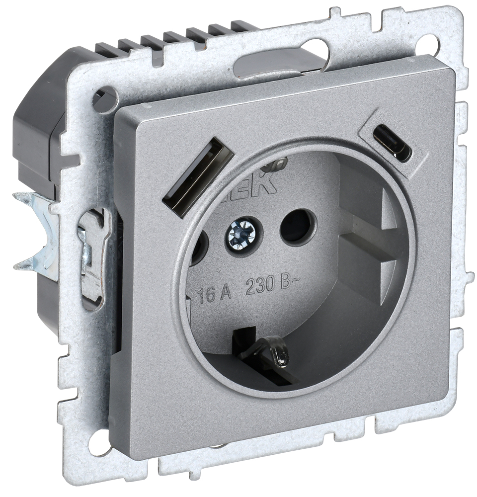 IEK BRITE BASE Алюминий Розетка с з/к/ш 16А с USB A+C 18Вт РЮш11-1-БрА