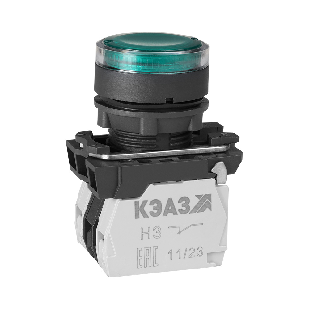 КЭАЗ Кнопка КМЕ4611мЛ-24В-зеленый-1но+1нз-цилиндр-индикатор-IP65