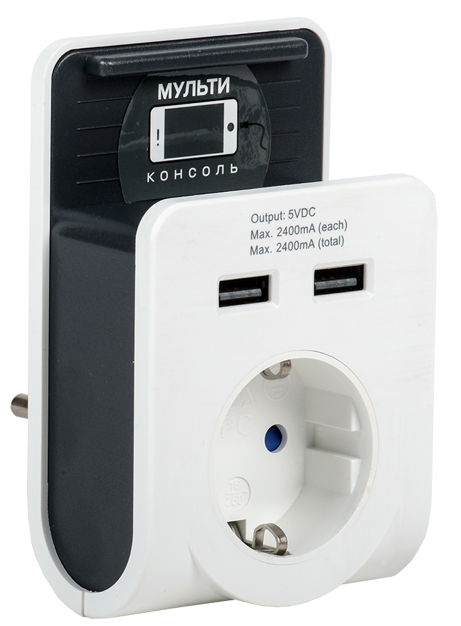 IEK Адаптер Т-02/01 1 место 2P+PE 16А 2хUSB 2,4А белый