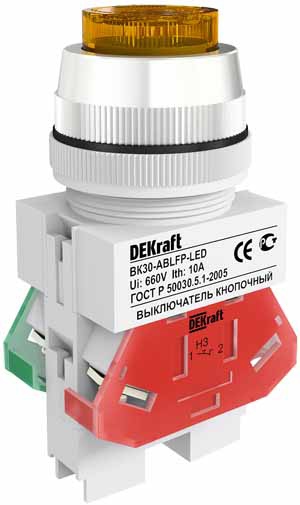 Dekraft Выключатель кноп. ABLFP D30 желтый LED 220В ВK-30