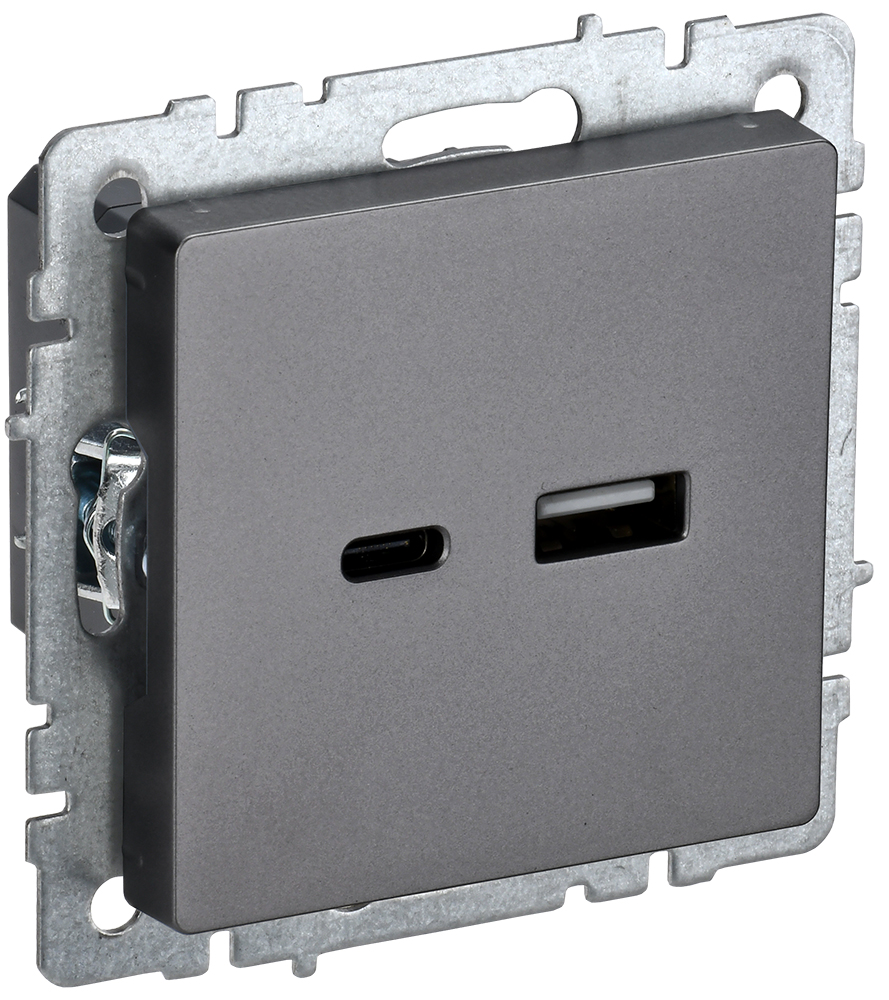 IEK BRITE BASE Сталь Розетка USB A+C 18Вт РЮ11-1-БрС