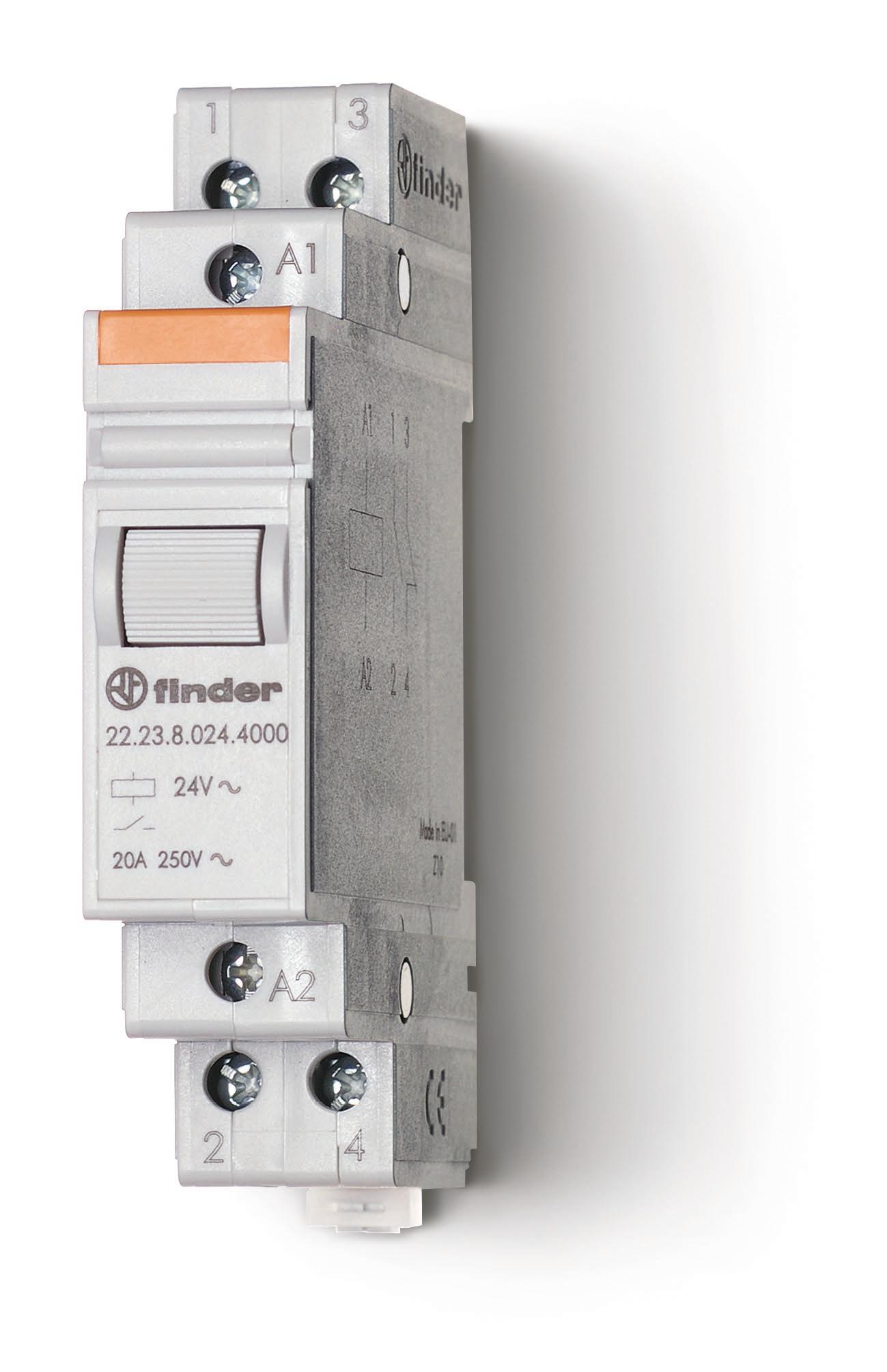 Finder Модульный контактор; 1NO+1NC 20А; контакты AgSnO2; катушка 230В АС; ширина 17.5мм; степень защиты IP20; опции: нет