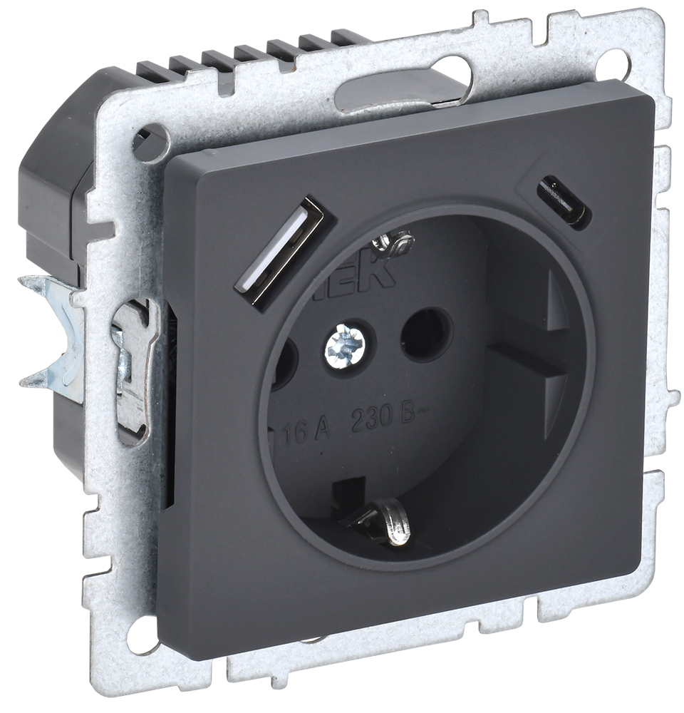 IEK BRITE BASE Графит Розетка с з/к/ш 16А с USB A+C 18Вт РЮш11-1-БрГ