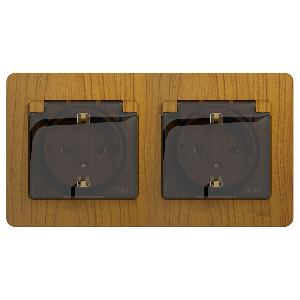Systeme Electric Glossa Дерево Дуб Розетка 2-ая с/з, со шторками, в сборе, IP44