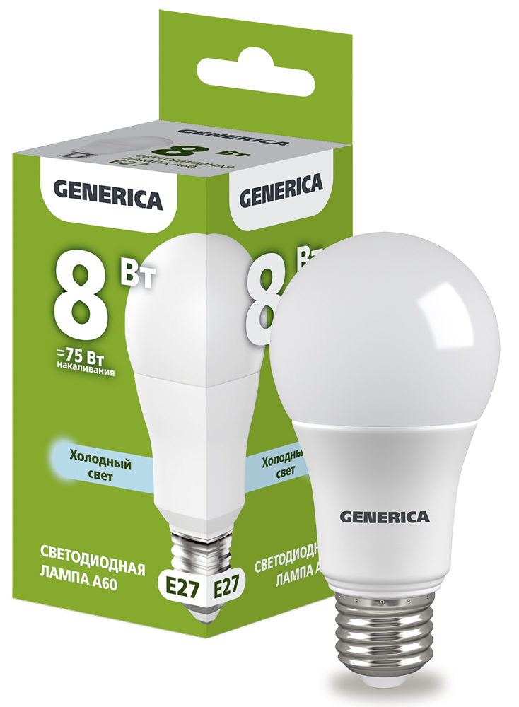 IEK GENERICA Лампа LED A60 груша 8Вт 230В 6500К E27
