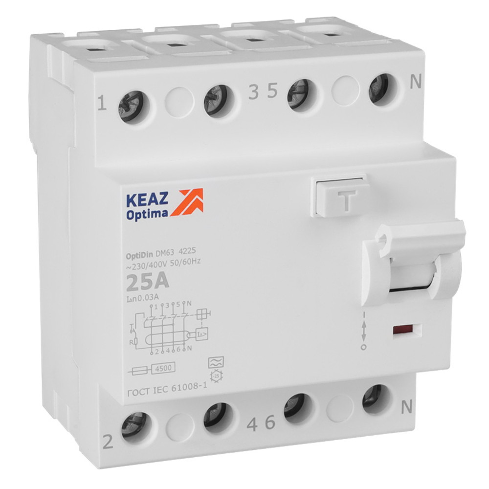 КЭАЗ ВДТ без защиты от сверхтоков OptiDin DM63-4225-A-4,5-УХЛ4 (4P, 25, 30mA)
