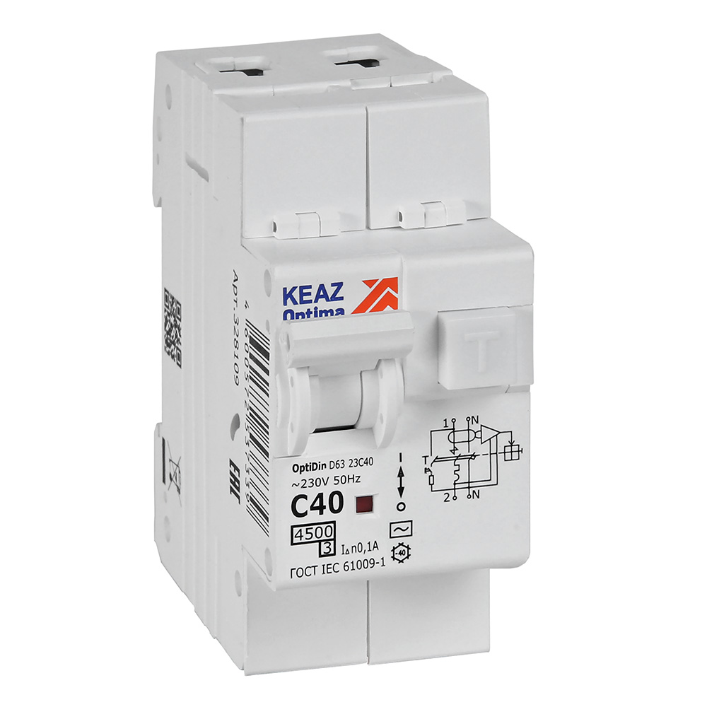 КЭАЗ АВДТ с защитой от сверхтоков OptiDin D63-23C40-AC-У3 (2P, C40, 100mA, 4,5кА)