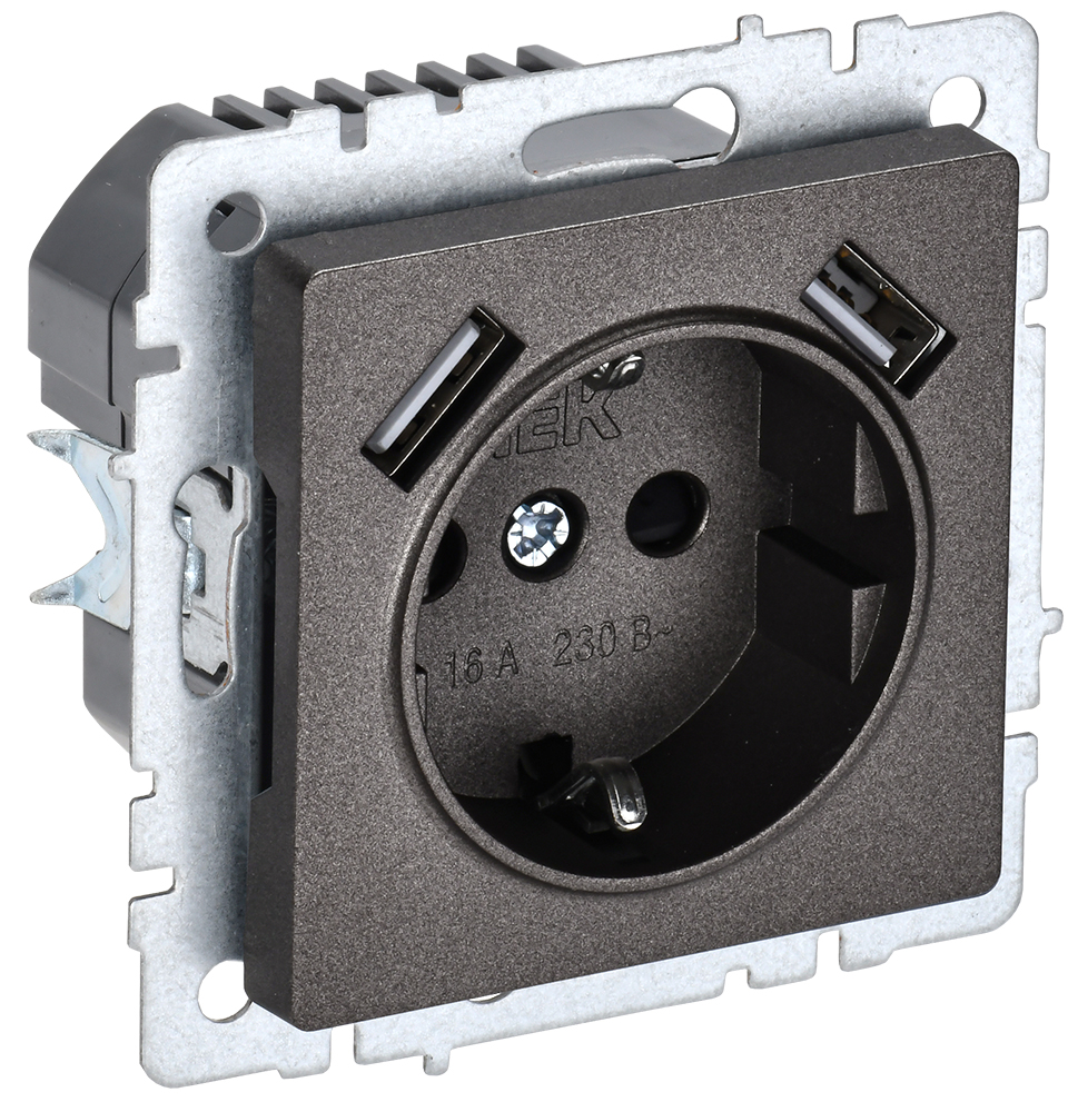 IEK BRITE BASE Темн.бронза  Розетка с з/к/ш 16А с USB A+A 2,1А РЮш10-1-БрТБ