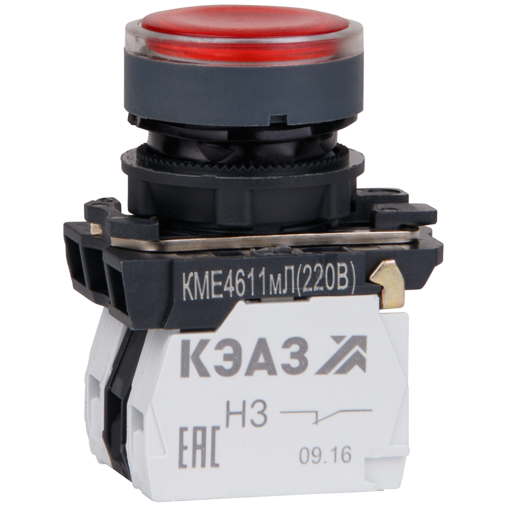 КЭАЗ Кнопка КМЕ4611мЛ-220В-красный-1но+1нз-цилиндр-индикатор-IP65