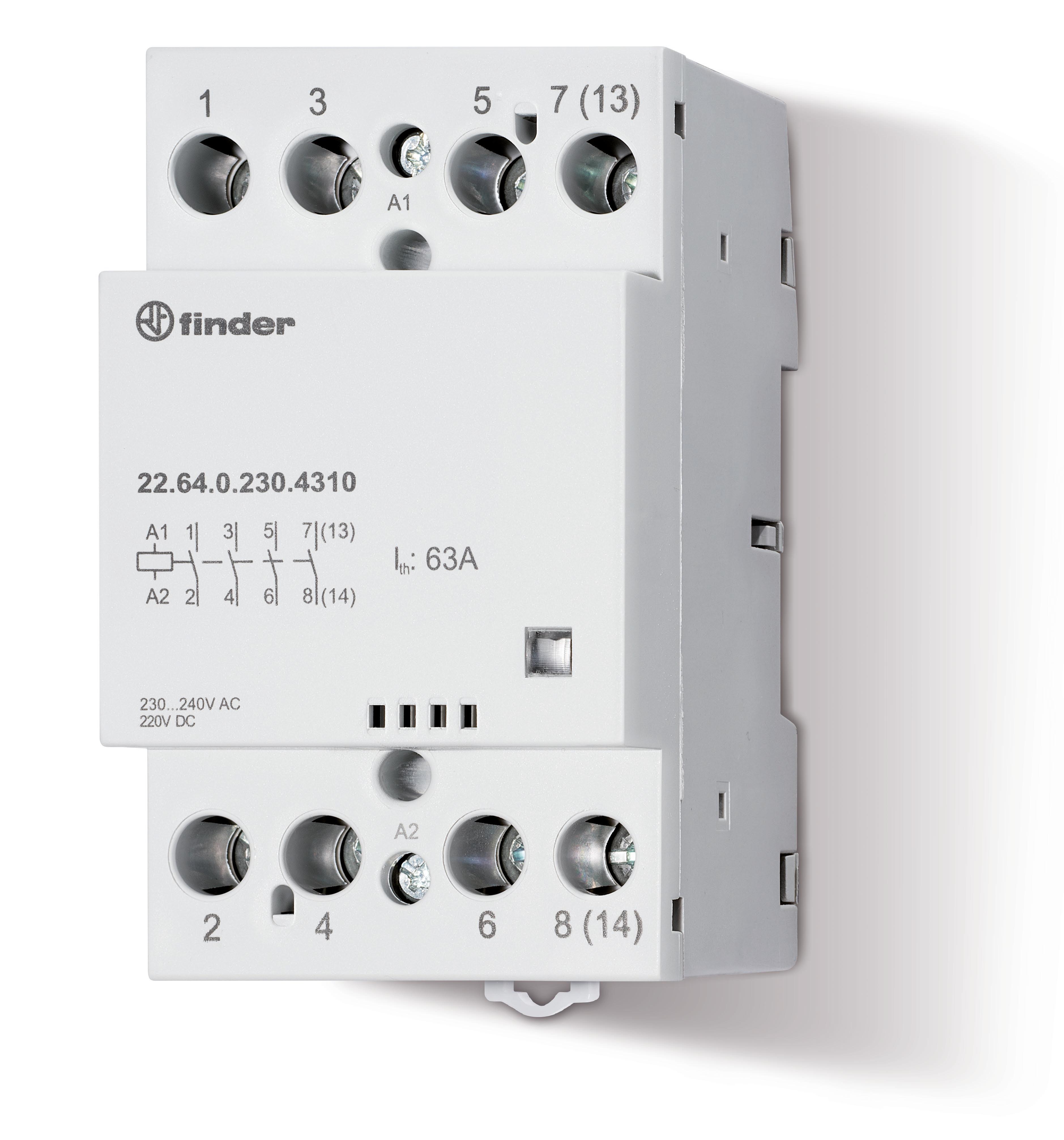 Finder Модульный контактор; 2NO+2NC 63А; контакты AgSnO2; катушка 24В АС/DC; ширина 53.5мм; степень защиты IP20; опции: мех.индикатор