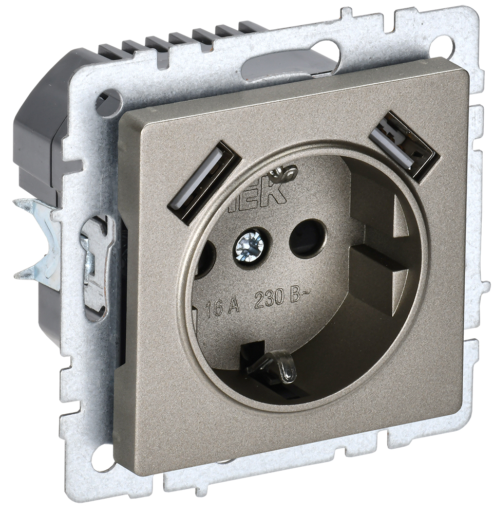 IEK BRITE BASE Шампань Розетка с з/к/ш 16А с USB A+A 3,1А РЮш10-2-БрШ