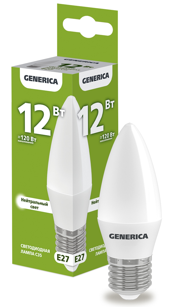 IEK GENERICA Лампа LED C35 свеча 12Вт 230В 4000К E27