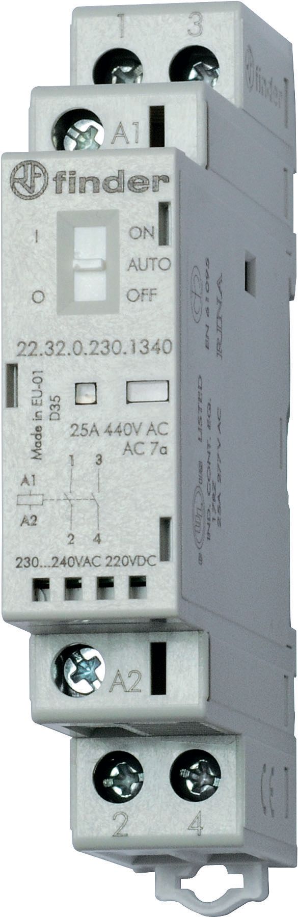 Finder Модульный контактор; 2NO 25А; контакты AgSnO2; катушка 24В АС/DC; ширина 17.5мм; степень защиты IP20; опции: переключатель Авто-Вкл-Выкл + мех.