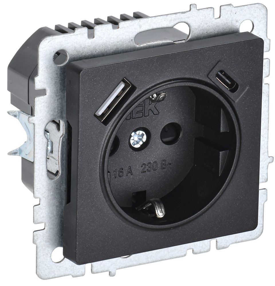IEK BRITE BASE Черный Розетка с з/к/ш 16А с USB A+C 18Вт РЮш11-1-БрЧ