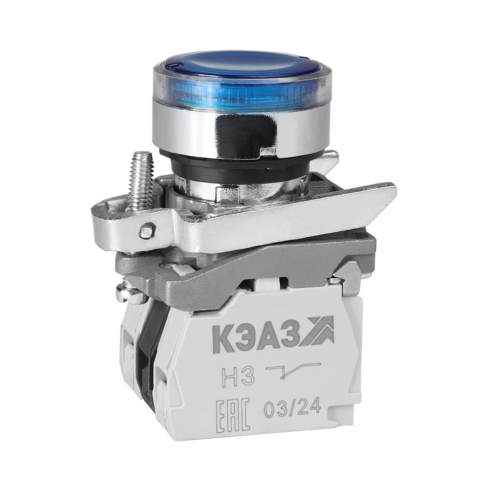 КЭАЗ Кнопка КМЕ4111мЛС-24В-синий-1но+1нз-цилиндр-индикатор-IP40