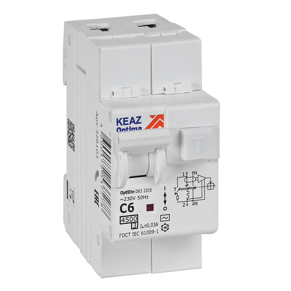 КЭАЗ АВДТ с защитой от сверхтоков OptiDin D63-22C6-AC-У3 (2P, C6, 30mA, 4,5кА)