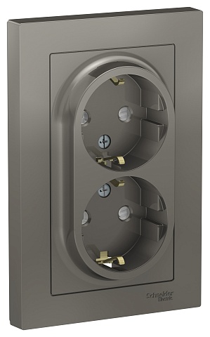 Systeme Electric AtlasDesign Сталь Розетка с/з двойная, со шторками, 16А, в сборе