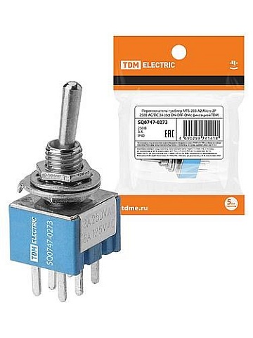 TDM Переключатель-тумблер MTS-203-A2 Micro 2P 250В AC/DC 3А (6c) ON-OFF-ON с фиксацией