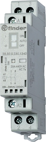 Finder Модульный контактор, 2NO 25А, AgSnO2, катушка 230В АС/DC, IP20, опции: мех.индикатор + LED