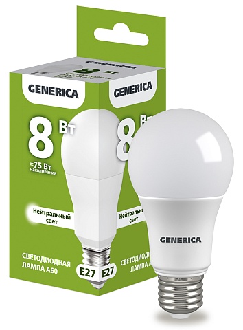 IEK GENERICA Лампа LED A60 груша 8Вт 230В 4000К E27