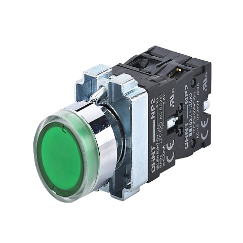 CHINT Кнопка управления NP2-BW3365 1НО+1НЗ зеленая AC/DC230В(LED) IP40