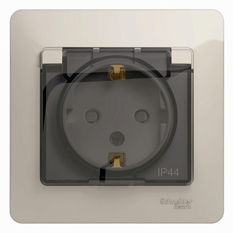 Systeme Electric Glossa Молочный Розетка с/з со шторками с крышкой IP44 (в сборе)