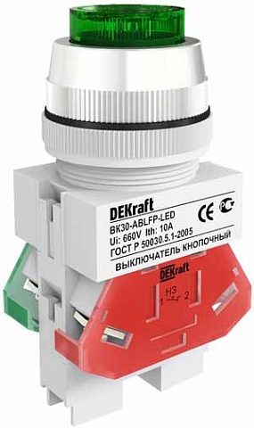 Dekraft Выключатель кноп. ABLFP 30 мм зеленый LED 220В ВK-30