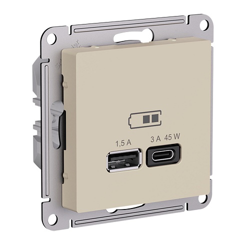 Systeme Electric AtlasDesign Песочный Розетка USB A + тип-C 45Вт высокоскор.заряд. QC,PD, механизм