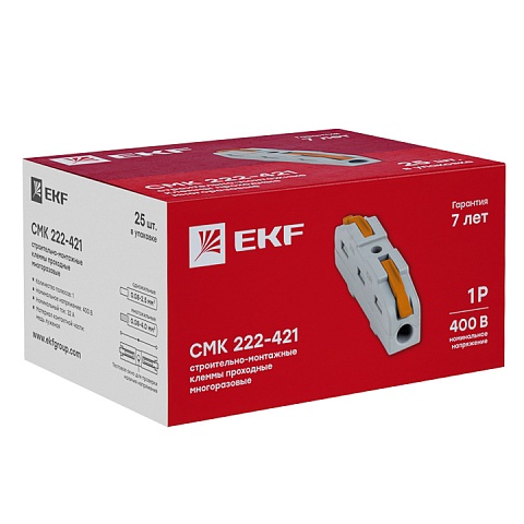 EKF PROxima Строительно-монтажная клемма СМК 222-421 проходная 1 полюс 0,08-4мм2 (25шт.)