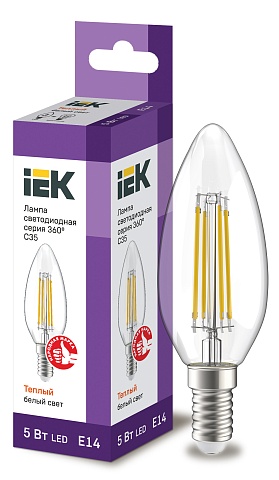 IEK Лампа LED C35 свеча прозрачный 5Вт 230В 3000К E14 серия 360°