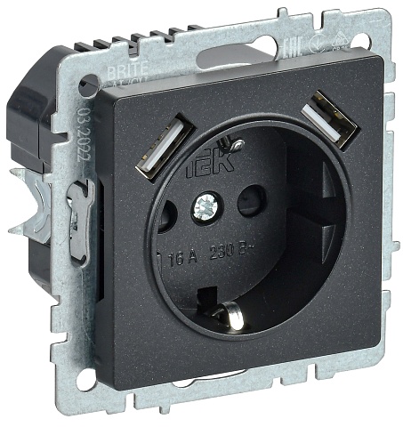 IEK BRITE BASE Черный Розетка с з/к/ш 16А с USB A+A 2,1А РЮш10-1-БрЧ