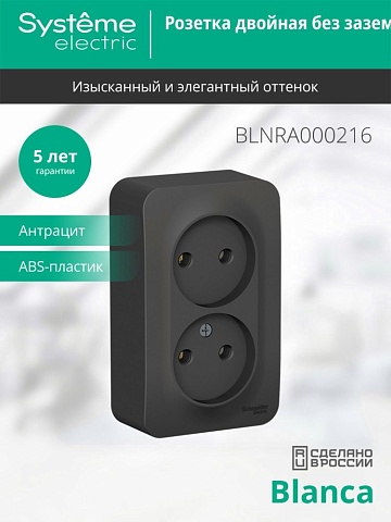 Systeme Electric Blanca наруж Антрацит Розетка 2-ая б/з без шторок 16А, 250В, изолир. пластина
