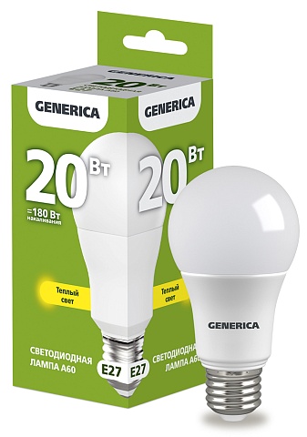 IEK GENERICA Лампа LED A60 груша 20Вт 230В 3000К E27