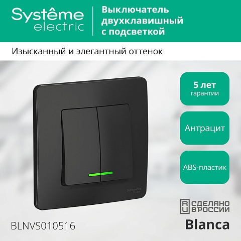 Systeme Electric Blanca внутр Антрацит Выключатель 2-клавишный с подсветкой, 10А, 250B