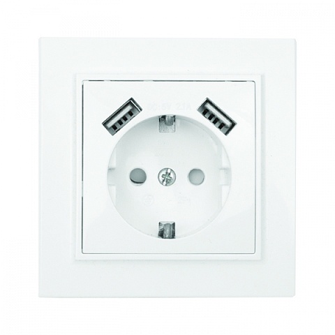 EKF Basic Минск Белый Розетка с/з, со шторками, 16А, с 2 USB 2,1А, СП