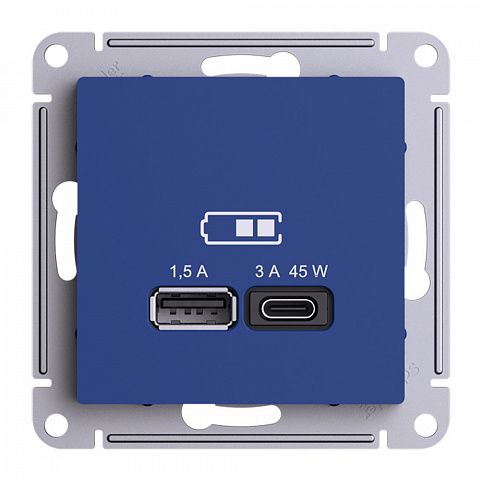 Systeme Electric AtlasDesign Аквамарин Розетка USB A + тип-C 45Вт высокоскор.заряд. QC,PD, механизм