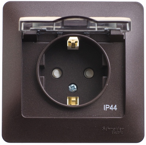 Systeme Electric Glossa Шоколад Розетка с/з со шторками с крышкой, 16А, IP44 (в сборе)