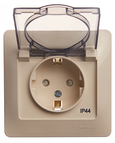 Systeme Electric Glossa Беж Розетка с/з со шторками с крышкой, IP44 (в сборе с рамкой)