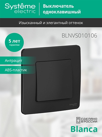 Systeme Electric Blanca внутр Антрацит Выключатель 1-клавишный, 10А, 250B