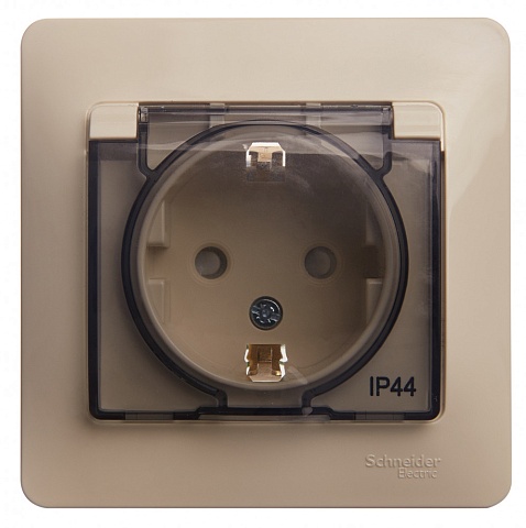 Systeme Electric Glossa Беж Розетка с/з со шторками с крышкой, IP44 (в сборе с рамкой)