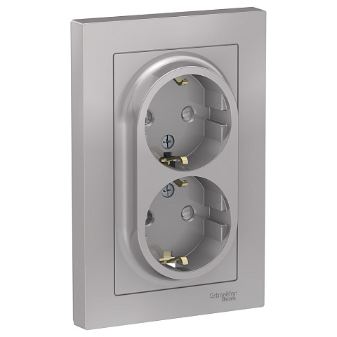 Systeme Electric AtlasDesign Алюминий Розетка с/з двойная, со шторками, 16А, в сборе